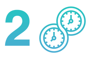 Number 2 with two clock icons in teal on a white background