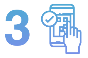 Icon of a hand holding a smartphone with a check mark, next to the number 3.