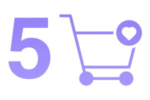 Purple number 5 with a shopping cart icon on a white background