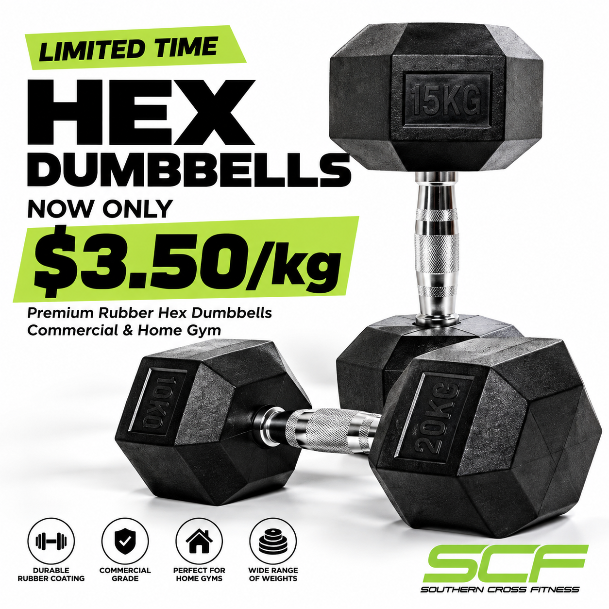 Bradman Best Home Gym featuring ARROW Rubber Hex Dumbbells with Grand Final Sale from Southern Cross Fitness