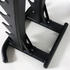 Close-up of a black metal weight bench frame showing the lower support bars and adjustment pegs on a white background.