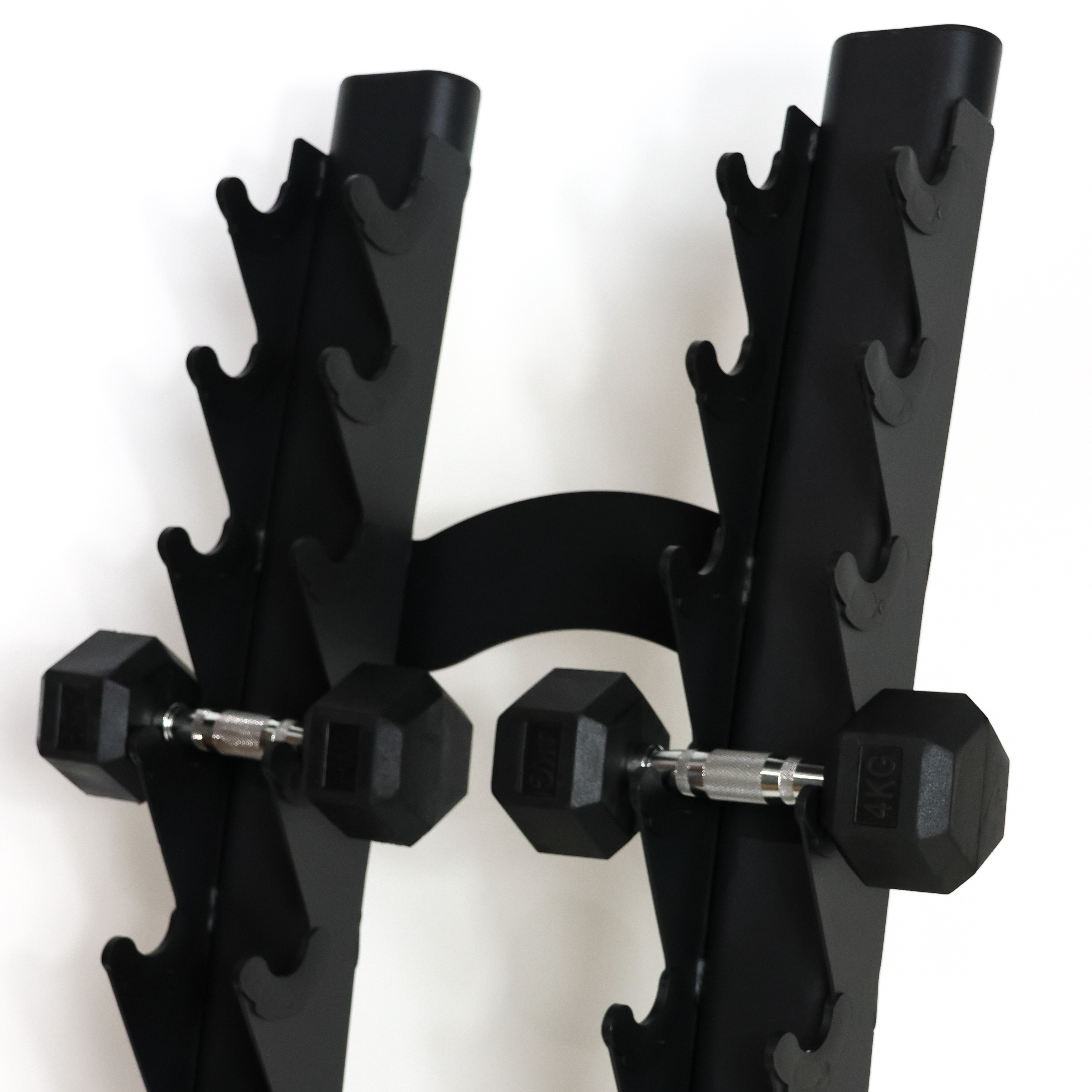 Black wall-mounted dumbbell rack with multiple hook slots and two hex dumbbells displayed on the front against a plain white background.