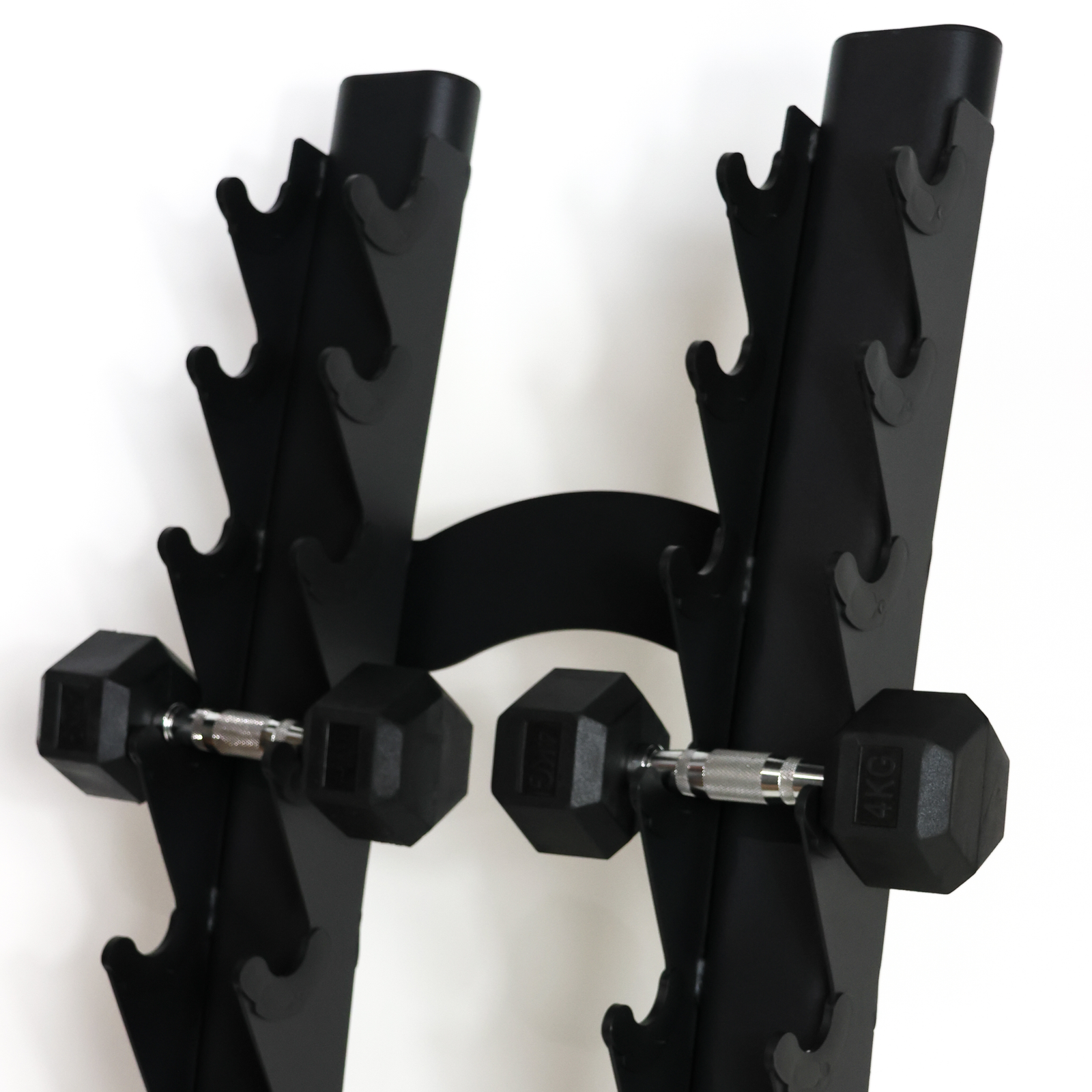Black wall-mounted dumbbell rack with multiple hook slots and two hex dumbbells displayed on the front against a plain white background.