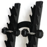 Black wall-mounted dumbbell rack with multiple hook slots and two hex dumbbells displayed on the front against a plain white background.