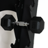 Black hex dumbbells with silver knurled handles resting on a black weight rack, with one dumbbell marked 5KG and the other marked 4KG.