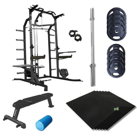 ARROW® Multi Half Rack + 100kg Rubber Coated Weight Plate Package + 6x Floor Tiles + Olympic Barbell + Bench