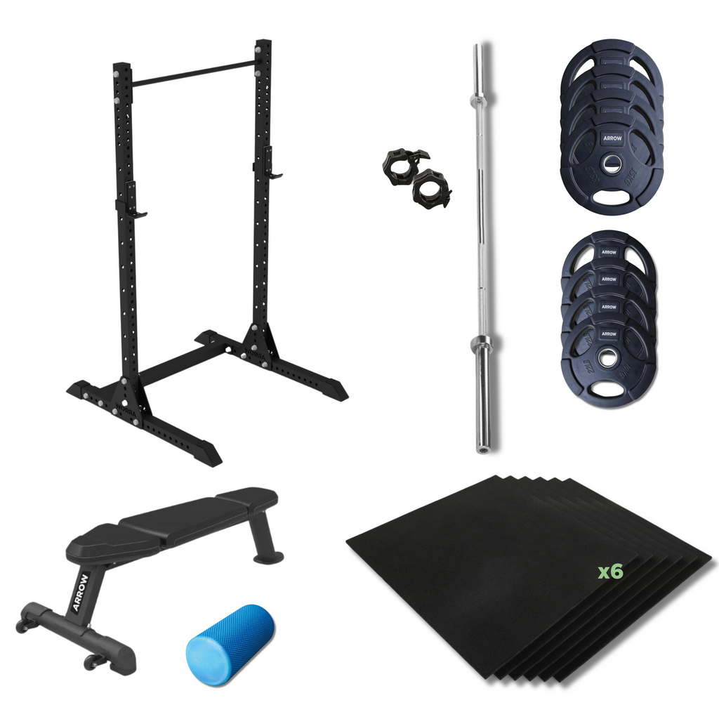 ARROW® Assault Rack + 100kg Rubber Coated Weight Plate Package + 6x Floor Tiles + Olympic Barbell + Bench