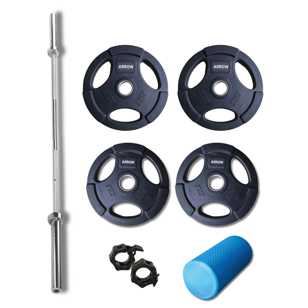 ARROW® X6 Half Rack + 50kg Rubber Coated Weight Plate Package + 6x Floor Tiles + Olympic Barbell + Bench