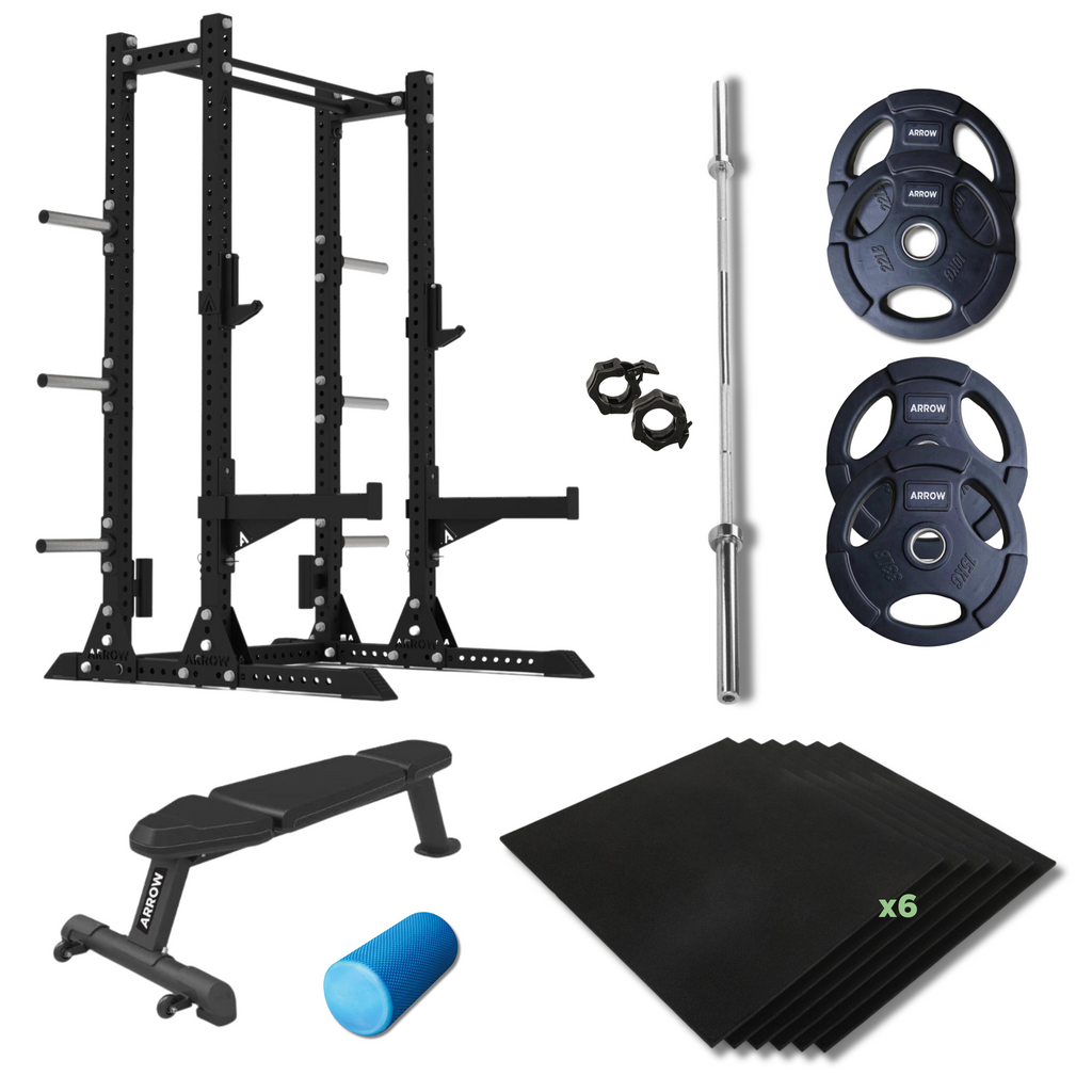 ARROW® X6 Half Rack + 50kg Rubber Coated Weight Plate Package + 6x Floor Tiles + Olympic Barbell + Bench