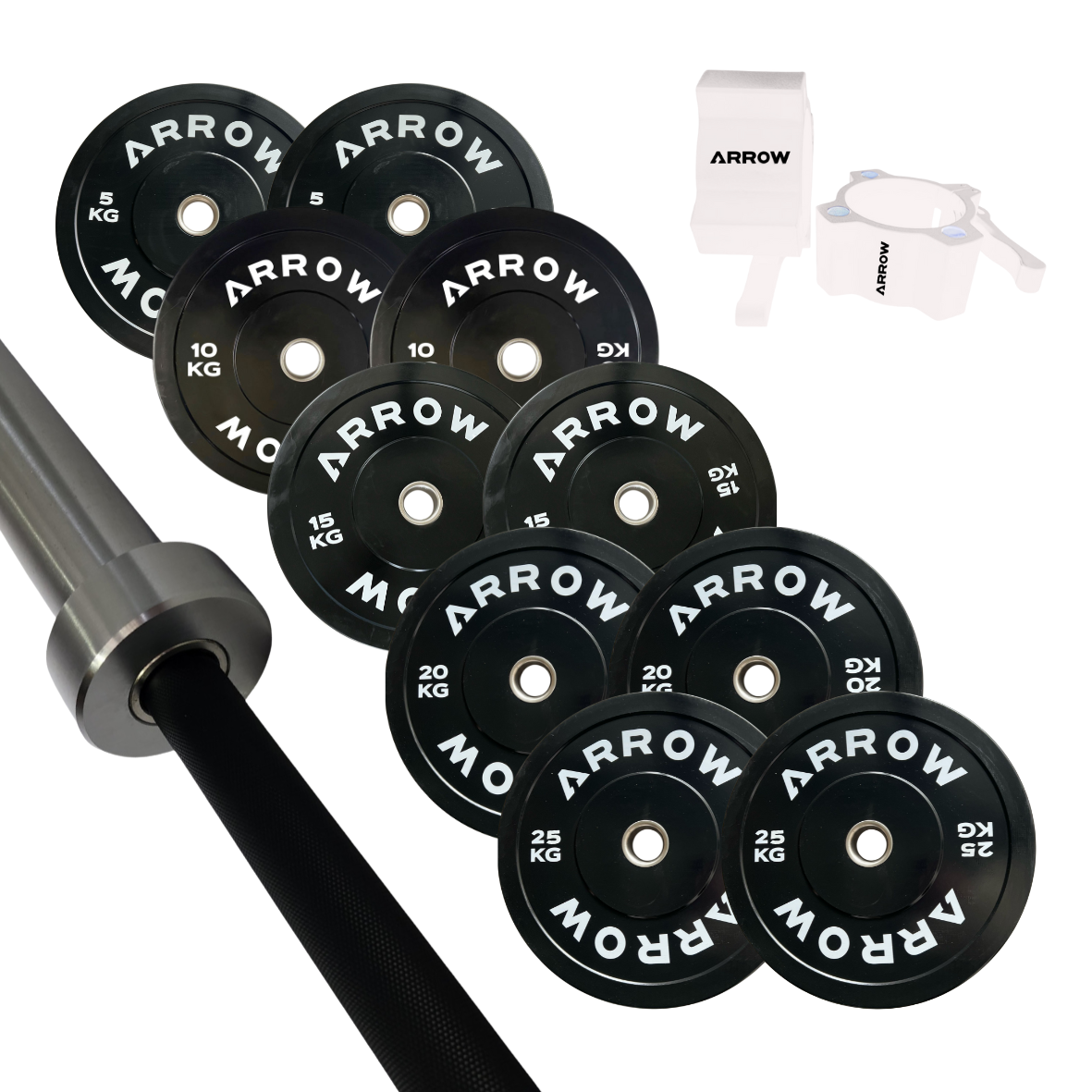 ARROW 150Kg Pro Bumper Weight Plate + 15kg Bar + Lock Jaw Package
