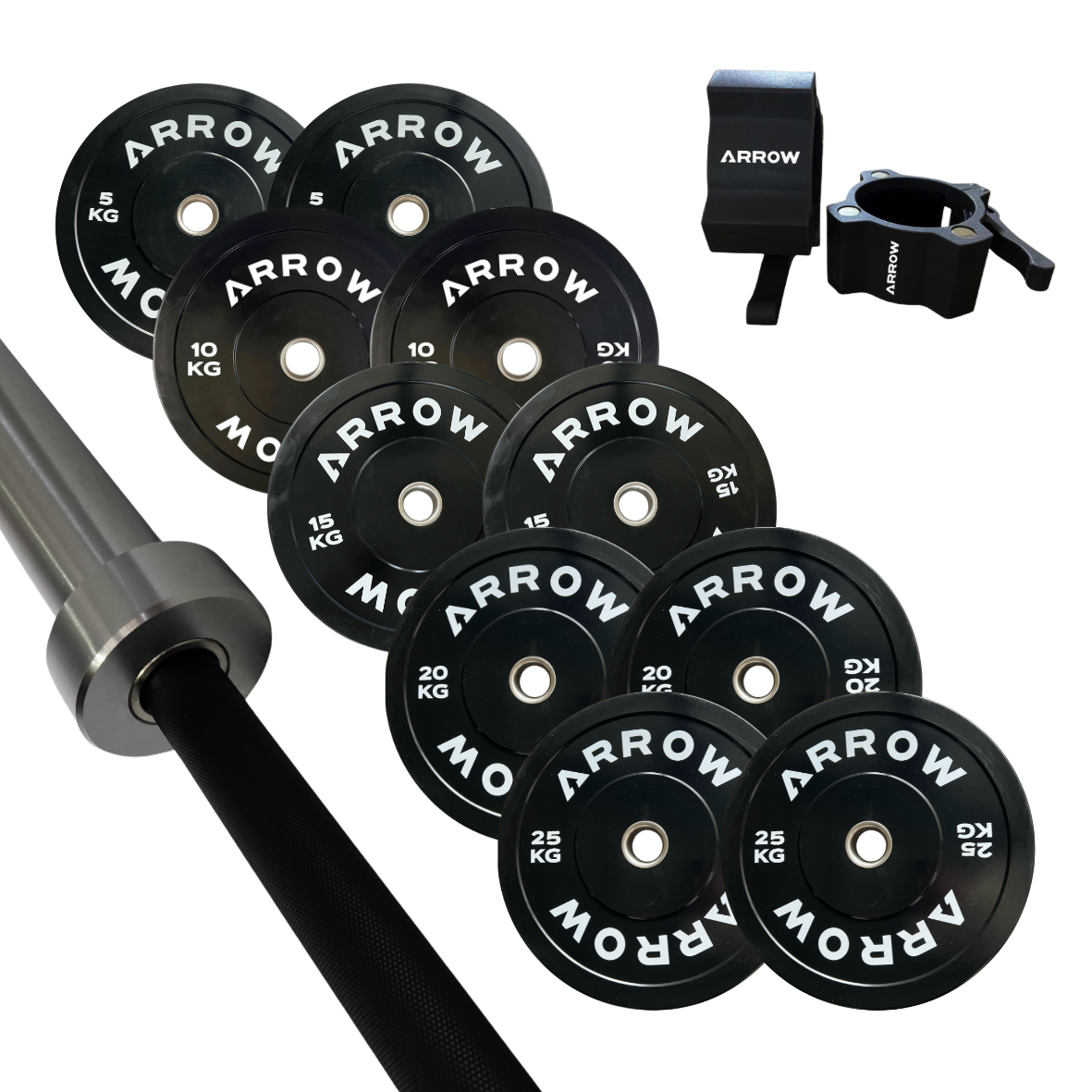 ARROW 150Kg Pro Bumper Weight Plate + 15kg Bar + Lock Jaw Package