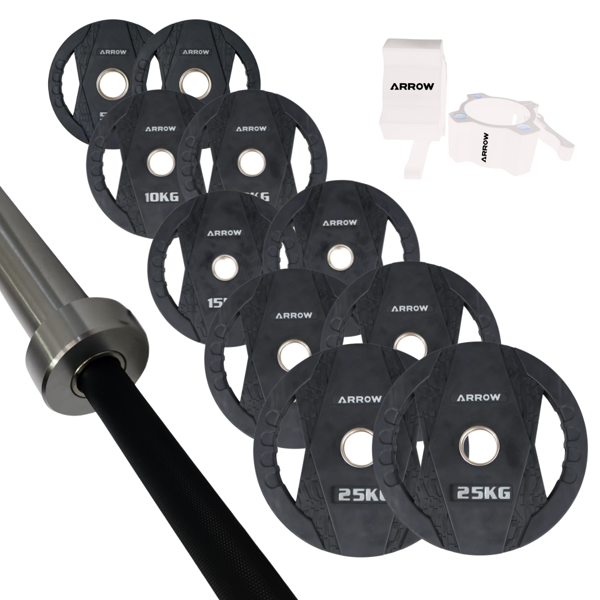 ARROW 150Kg Rubber Coated Weight Plate + 20kg Bar + Lock Jaw Package