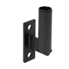 Black metal bracket with cylindrical attachment on a white background