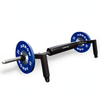Barbell with blue weight plates on a white background