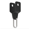 Black metal bracket with a silver hook on a white background