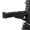 Black weightlifting bar with adjustable holes on a white background