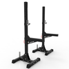 Black weightlifting squat rack on a white background
