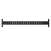 Black metal wall-mounted shelf with multiple holes on a white background