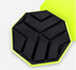 Black hexagonal object with a yellow border on a white background