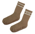 A pair of brown crew socks with white stripes near the cuffs and the brand name 'BAHE' printed in white on one sock, displayed on a clean white background.