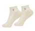 A pair of off-white ankle socks with a small striped detail in black and pink on the cuff, displayed against a solid white background.