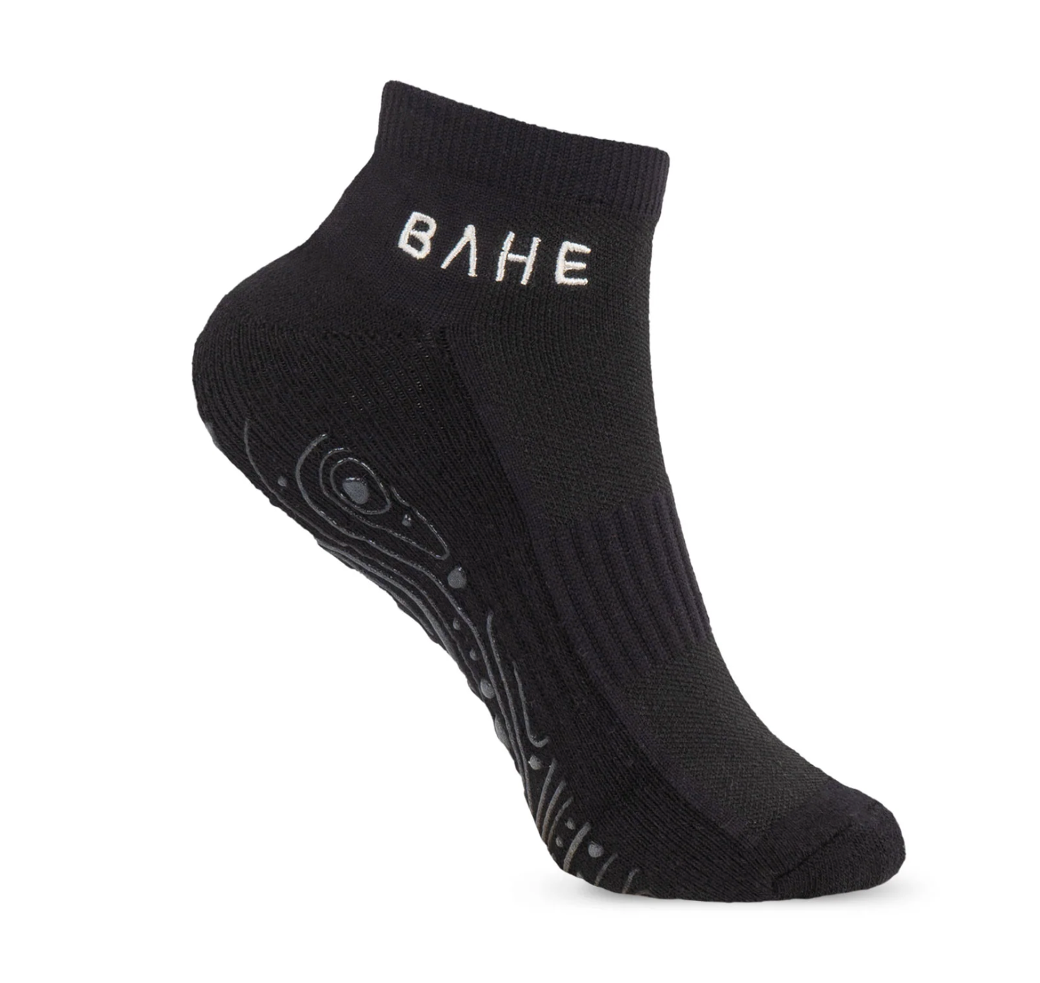 A single black low-cut athletic sock with the brand name 'BAHE' printed in white on the ankle, shown against a plain white background.