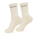 A pair of off-white crew socks with ribbed cuffs and the brand name 'BAHE' printed in dark brown on the front, shown against a plain white background.