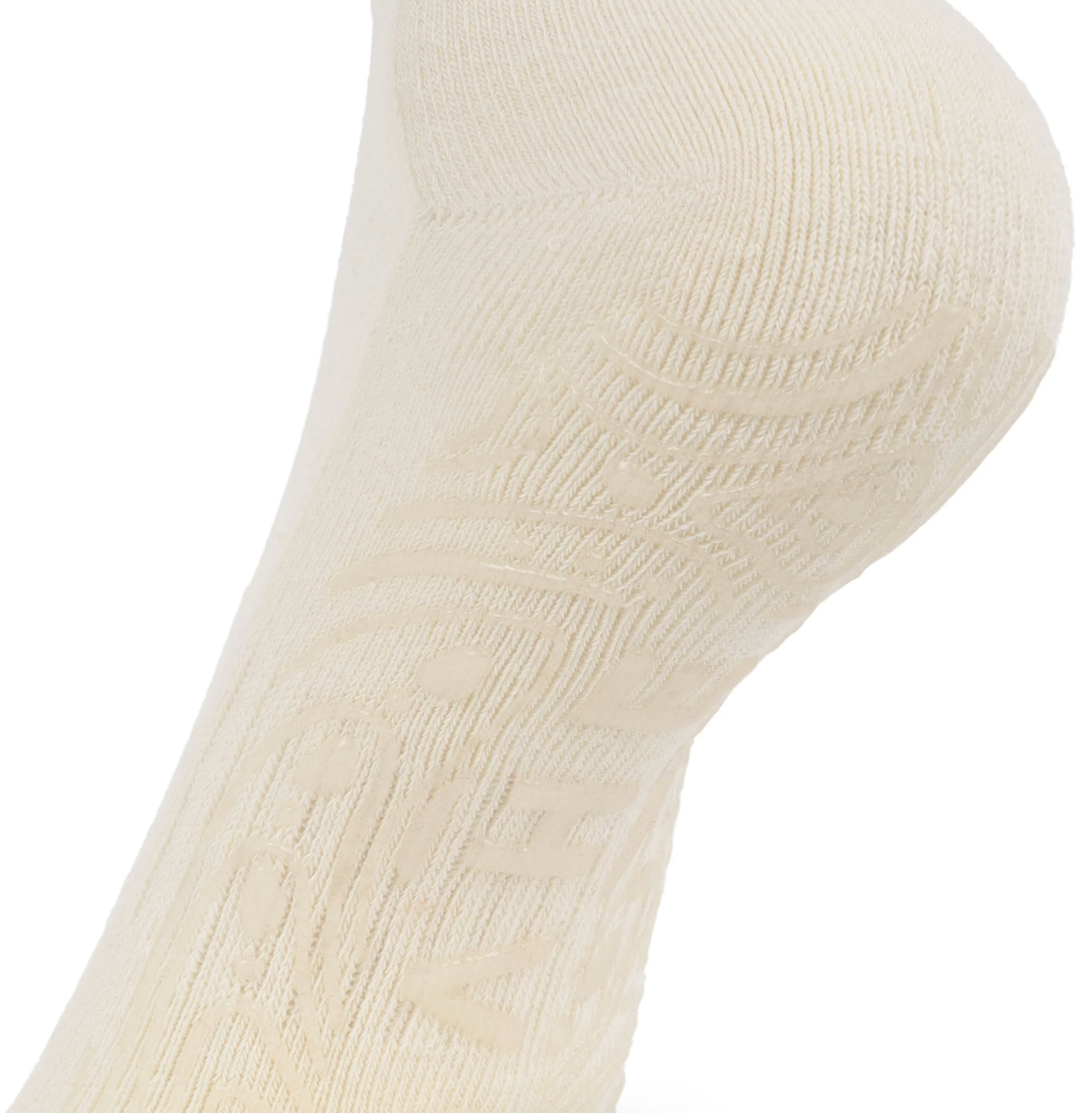 A close-up of a cream-colored ribbed knit sock on a plain white background.