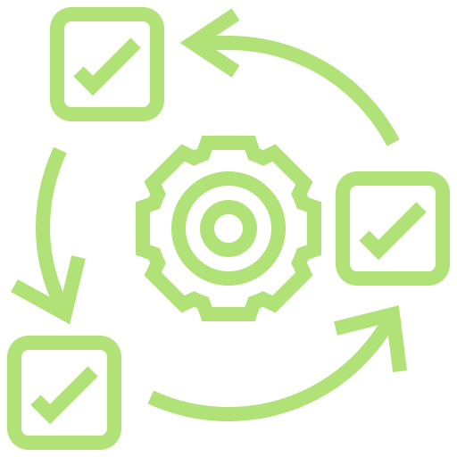 Green gear icon with checkmarks and arrows on a white background