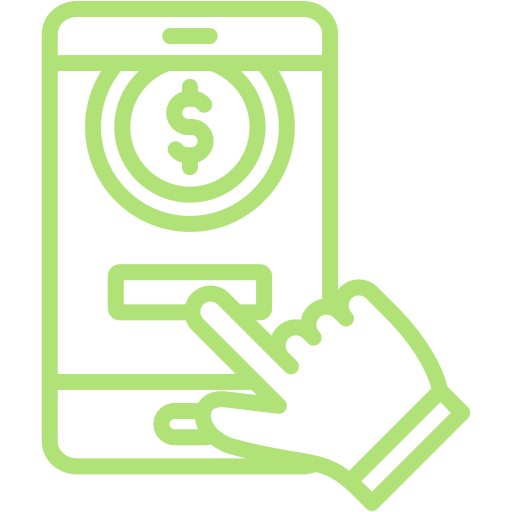 Green icon of a hand pointing to a smartphone with a dollar sign, symbolizing financial transactions or banking.